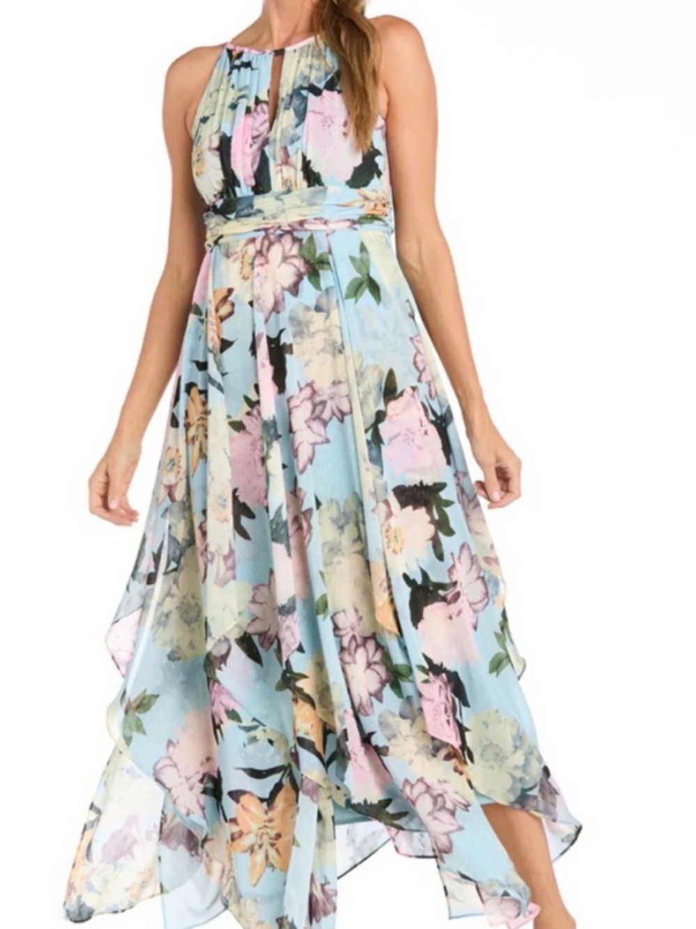 R&M Richards Pastel Blue Floral High-Low Halter Dress